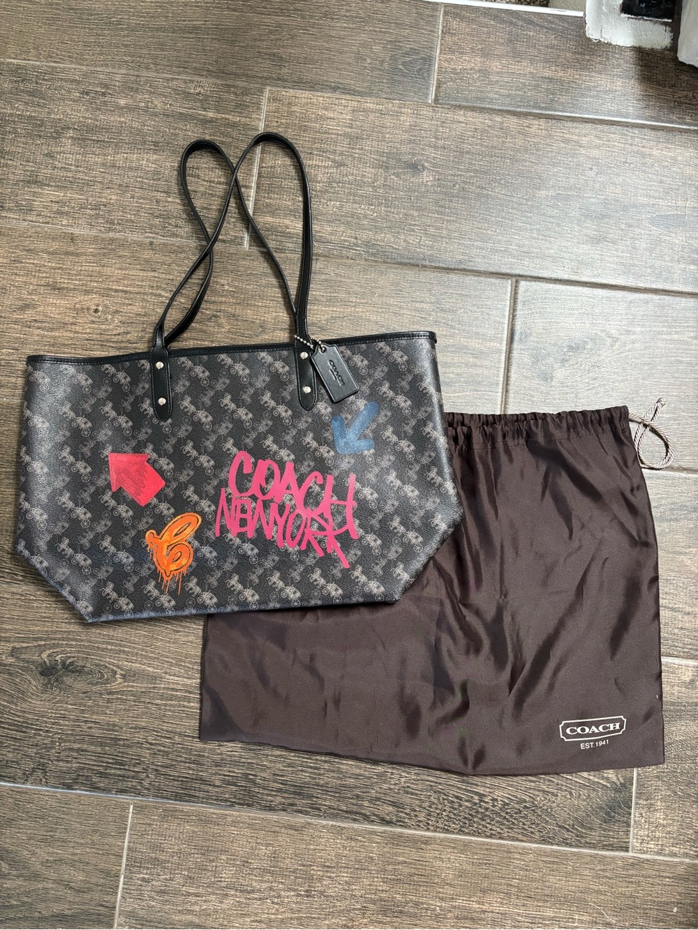 Coach X Jay Shells / Carriage Horse Print Graffiti Reversible City Tote Bag Purs